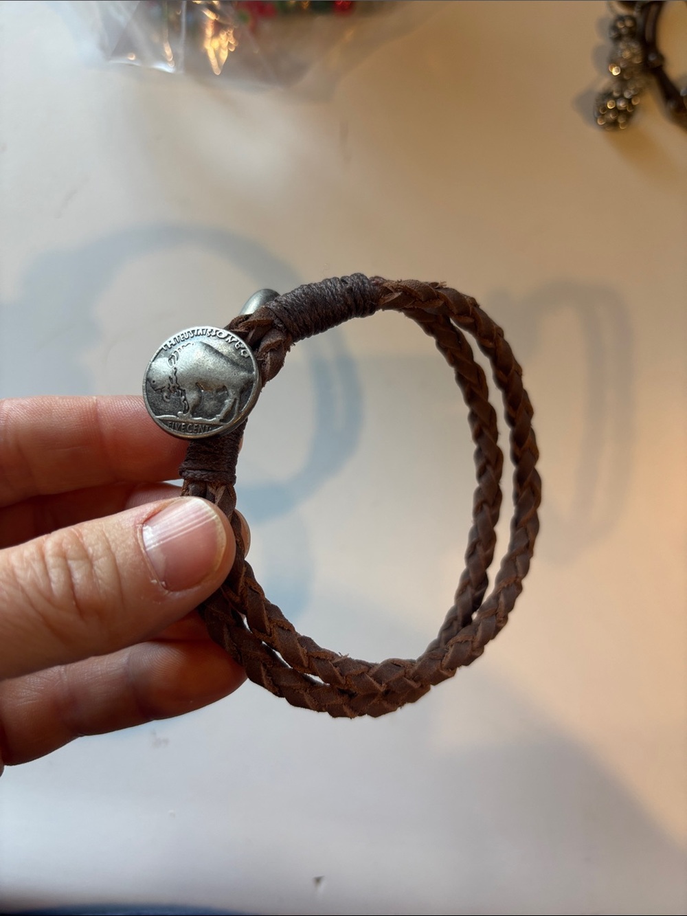 Mountain Khakis Brown Braided Leather Wrap Bracelet with Silver Coin Accent